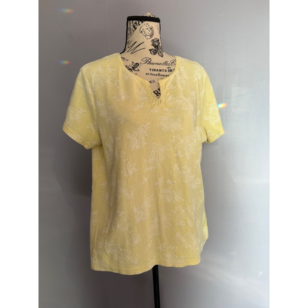 VTG Yellow Ribbed Floral Butterfly Print Crochet Trim Top XL Basic Editions
